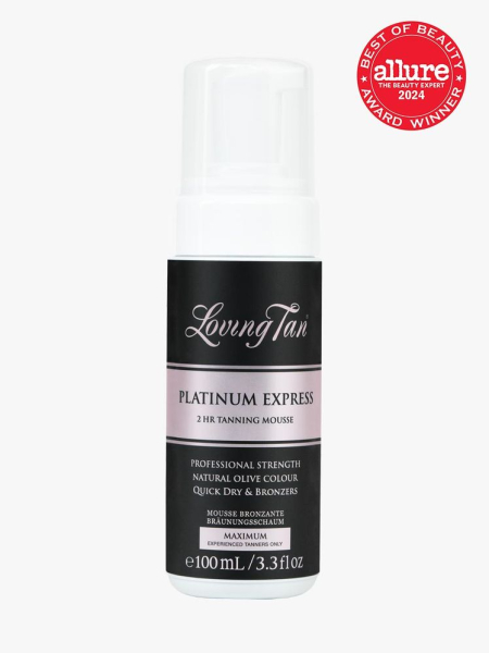 Loving Tan Platinum 2 HR Express Tanning Mousse branded bottle component with clear cap on a light gray background with red Allure Best of Beauty seal in the top right corner
