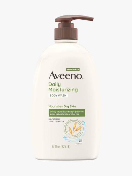 Aveeno Daily Moisturizing Body Wash wide beige bottle with brown pump cap on light gray background